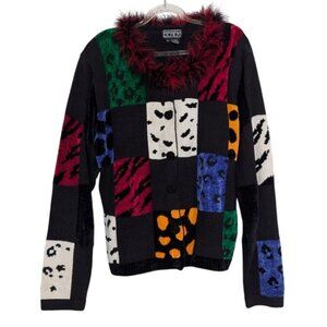 Berek Animal Print Cardigan Womens Size XL Black Patchwork Faux Fur Collar